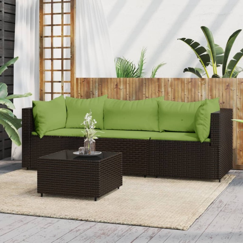 4 pcs conjunto lounge jardim c/ almofadões vime PE castanho-Sofás para exterior-Home Retail