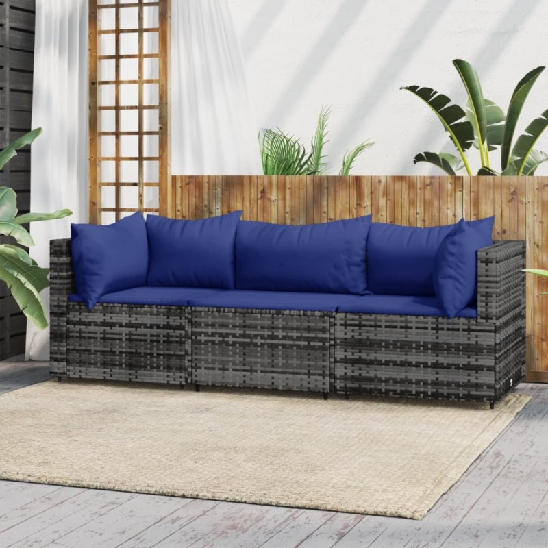 3 pcs conjunto lounge de jardim c/ almofadões vime PE cinzento-Sofás para exterior-Home Retail