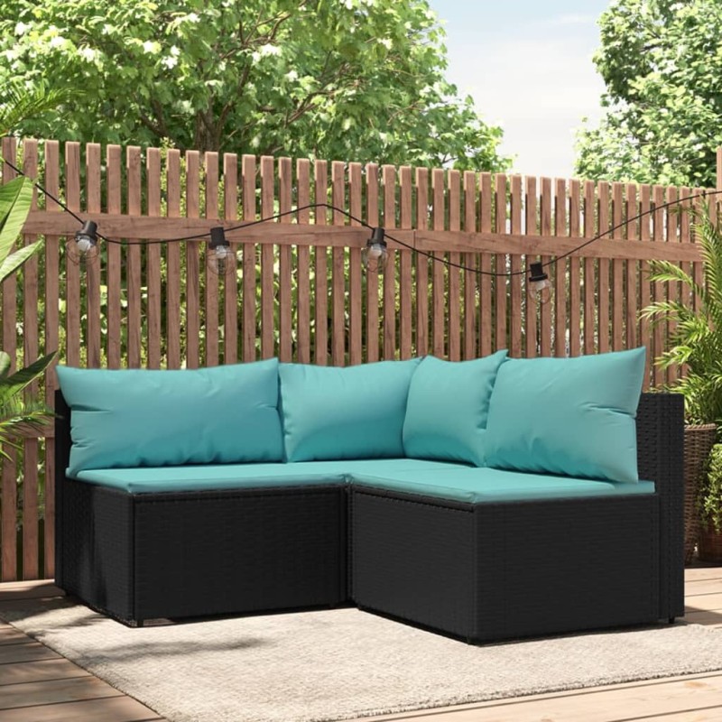 3 pcs conjunto lounge de jardim c/ almofadões vime PE preto-Sofás para exterior-Home Retail