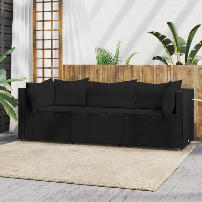 3 pcs conjunto lounge de jardim c/ almofadões vime PE preto-Sofás para exterior-Home Retail