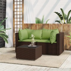 3 pcs conjunto lounge jardim c/ almofadões vime PE castanho