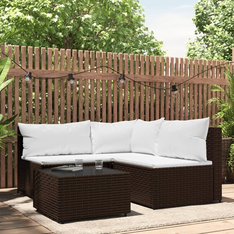 4 pcs conjunto lounge jardim c/ almofadões vime PE castanho-Sofás para exterior-Home Retail