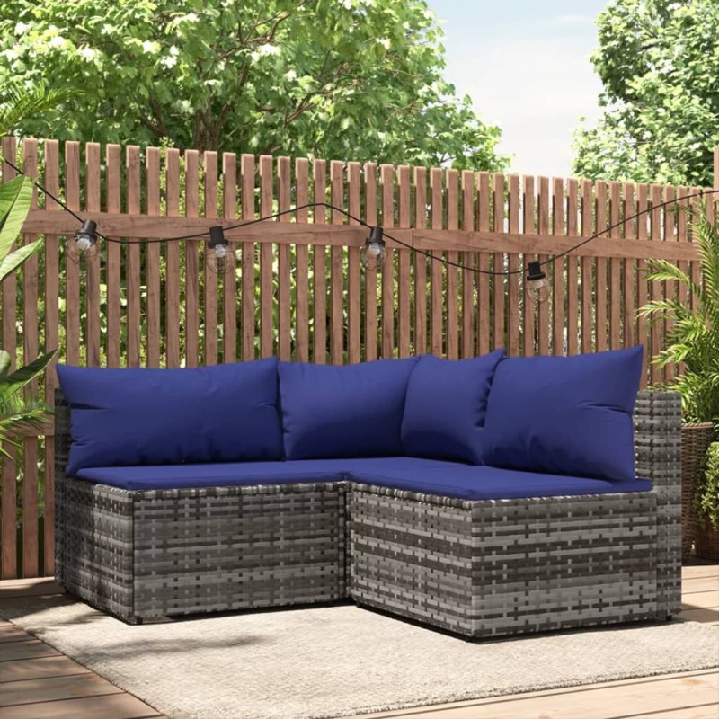 3 pcs conjunto lounge de jardim c/ almofadões vime PE cinzento-Sofás para exterior-Home Retail