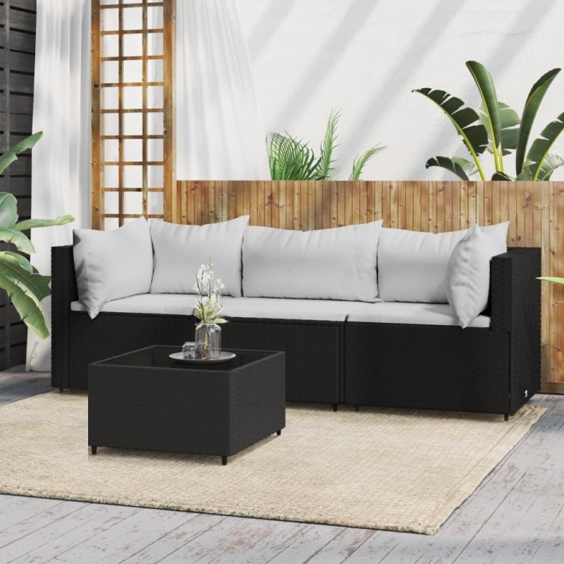 4 pcs conjunto lounge de jardim c/ almofadões vime PE preto-Sofás para exterior-Home Retail