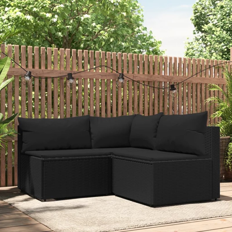 3 pcs conjunto lounge de jardim c/ almofadões vime PE preto-Sofás para exterior-Home Retail