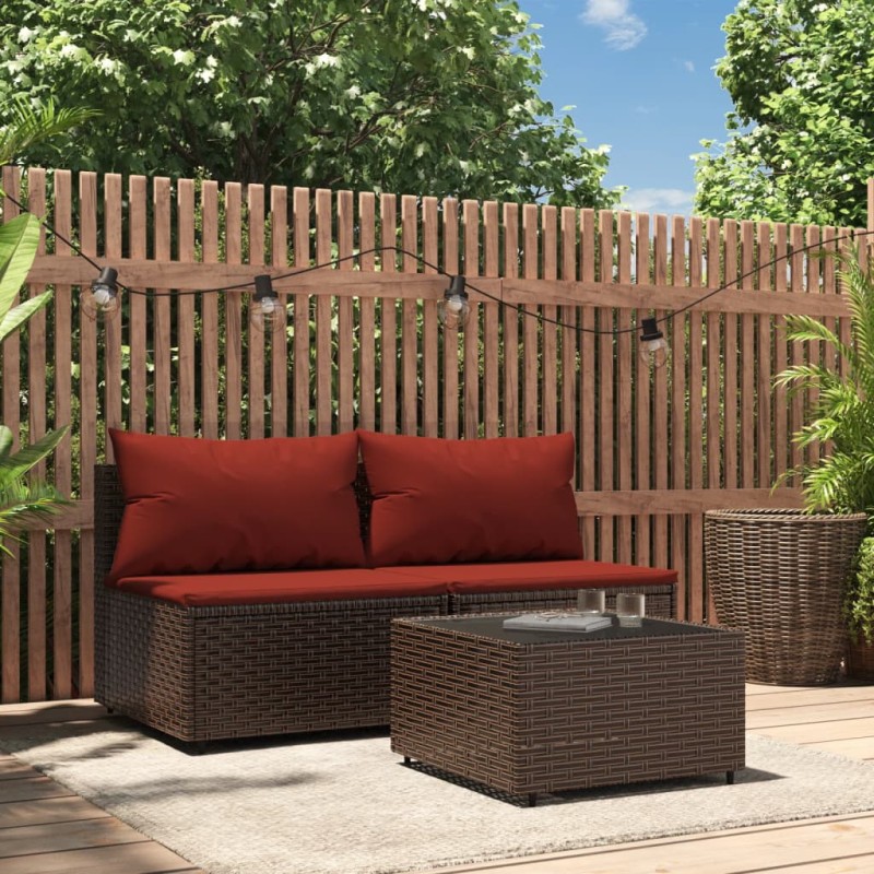 3 pcs conjunto lounge jardim c/ almofadões vime PE castanho-Sofás para exterior-Home Retail