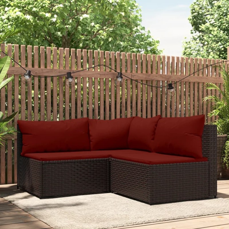 3 pcs conjunto lounge jardim c/ almofadões vime PE castanho-Sofás para exterior-Home Retail