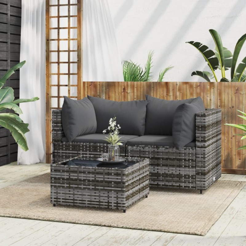 3 pcs conjunto lounge de jardim c/ almofadões vime PE cinzento-Sofás para exterior-Home Retail