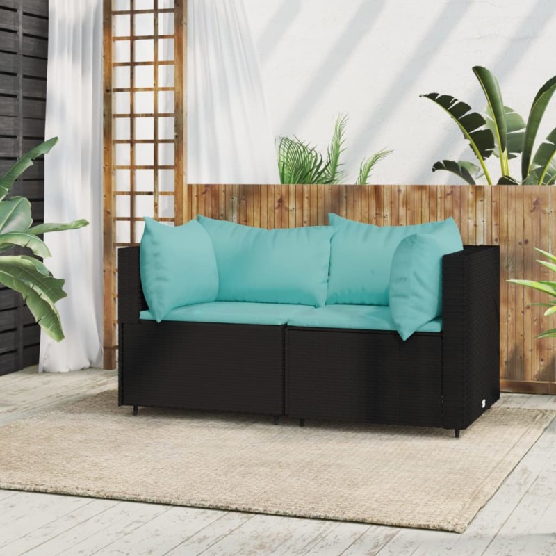 Sofás de canto p/ jardim c/ almofadões 2 pcs vime PE preto-Sofás para exterior-Home Retail