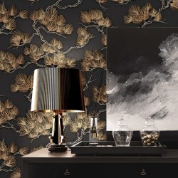 DUTCH WALLCOVERINGS Papel de parede efeito pinheiros preto e dourad...