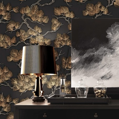 DUTCH WALLCOVERINGS Papel de parede efeito pinheiros preto e dourado