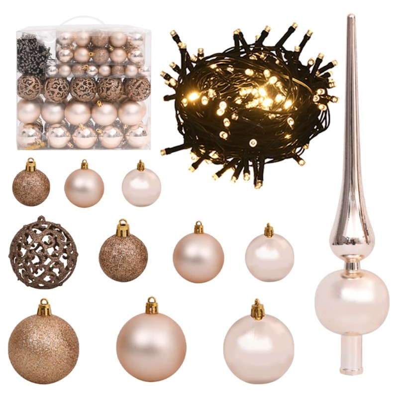 Conj. de bolas de natal 120 pcs + pico e 300 LEDs rosa dourado-Luzes de Natal-Home Retail