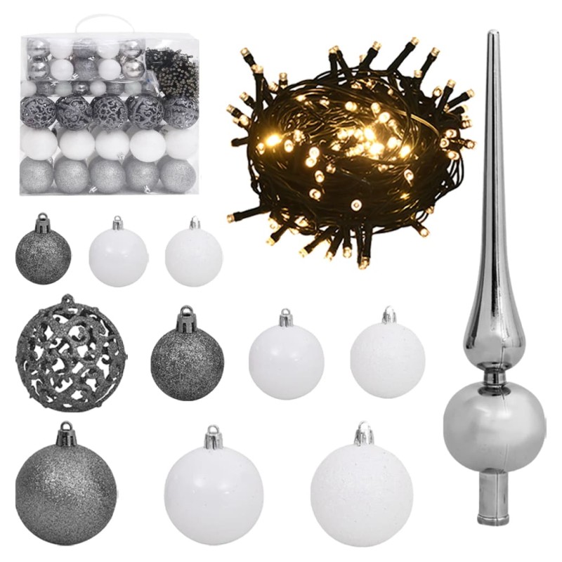 Conj. de bolas de natal 120 pcs + pico e 300 LEDs branco/cinza-Luzes de Natal-Home Retail