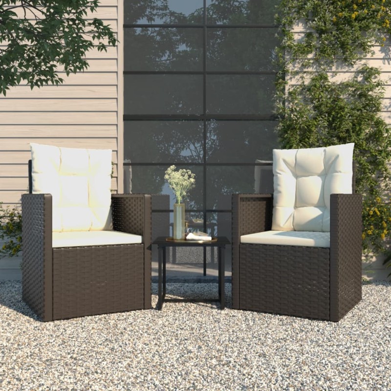 3 pcs conjunto lounge de exterior c/ almofadões vime PE preto-Conjuntos de jardim-Home Retail