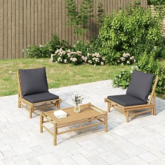 Cadeiras de jardim 2 pcs bambu c/ almofadões cinzento-escuro