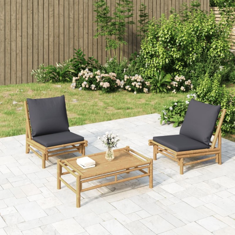 Cadeiras de jardim 2 pcs bambu c/ almofadões cinzento-escuro-Unidades de sofá com módulos externos-Home Retail