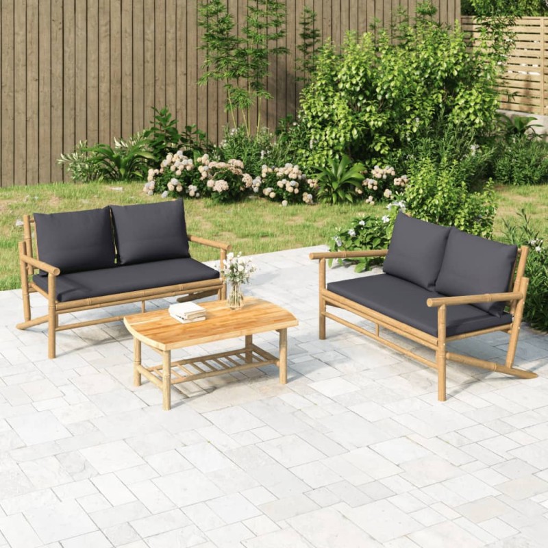 2pcs conj. lounge de jardim bambu c/ almofadões cinzento-escuro-Unidades de sofá com módulos externos-Home Retail