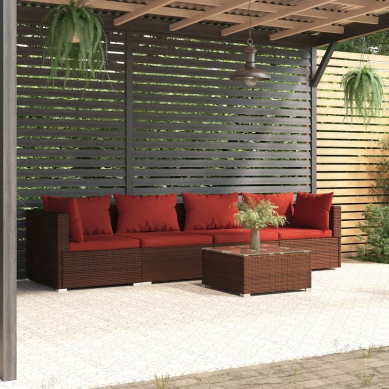 5 pcs conjunto lounge jardim c/ almofadões vime PE castanho-Conjuntos de jardim-Home Retail