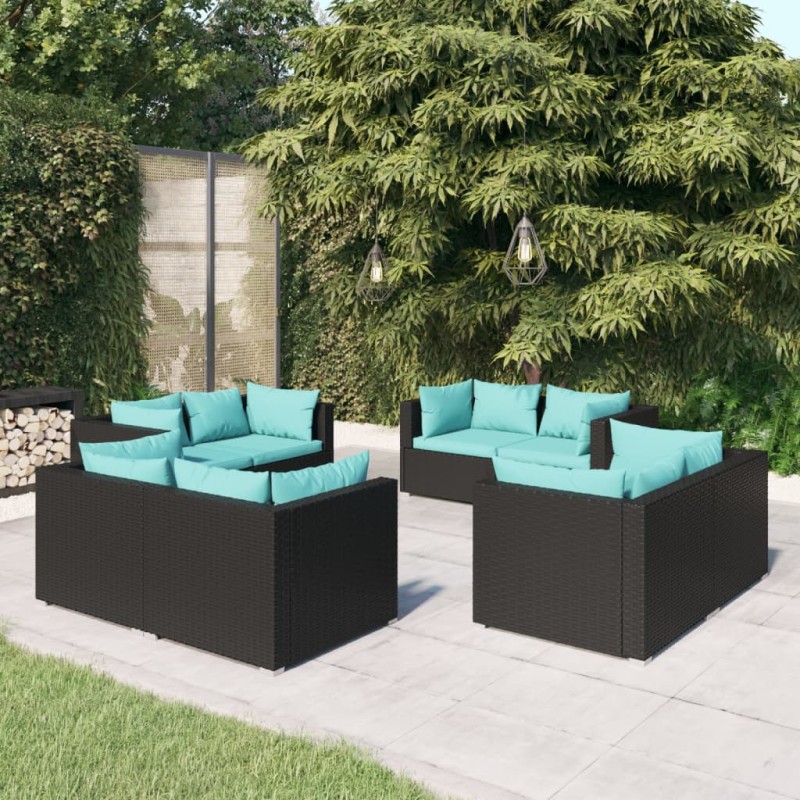 8 pcs conjunto lounge de jardim c/ almofadões vime PE preto-Conjuntos de jardim-Home Retail