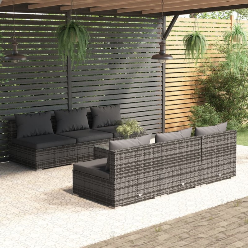 7 pcs conjunto lounge de jardim c/ almofadões vime PE cinzento-Conjuntos de jardim-Home Retail