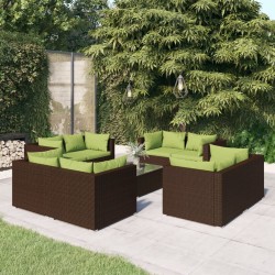 9 pcs conjunto lounge de jardim c/ almofadões vime PE castanho