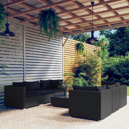 7 pcs conjunto lounge de jardim c/ almofadões vime PE preto