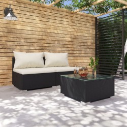 3 pcs conjunto lounge de jardim c/ almofadões vime PE preto