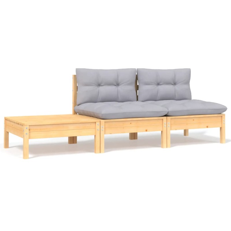 3 pcs conj. lounge de jardim c/ almofadões cinza pinho maciço-Unidades de sofá com módulos externos-Home Retail