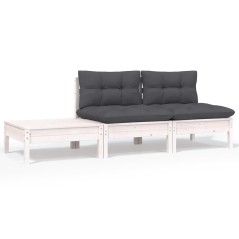 3 pcs conjunto lounge jardim c/ almofadões pinho maciço branco