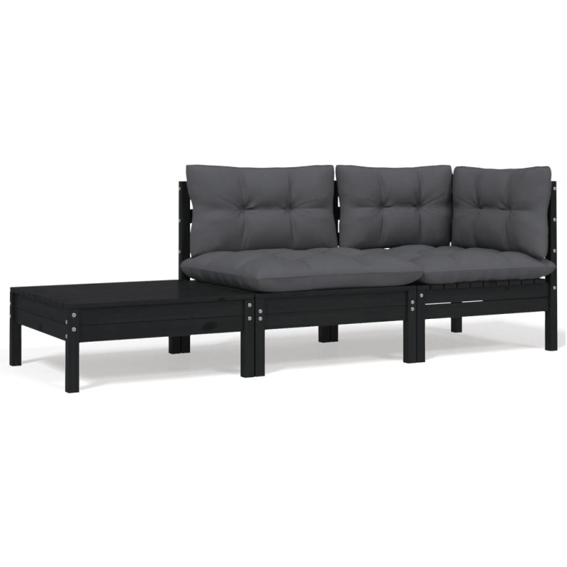 3 pcs conjunto lounge jardim c/ almofadões pinho maciço preto-Unidades de sofá com módulos externos-Home Retail