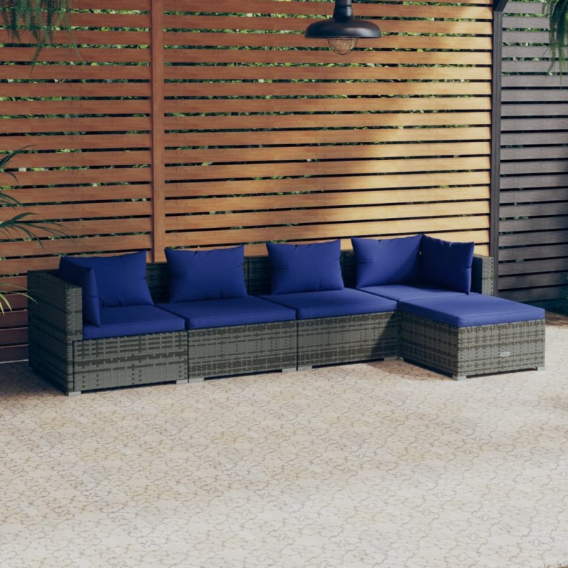 5 pcs conjunto lounge de jardim c/ almofadões vime PE cinzento-Conjuntos de jardim-Home Retail