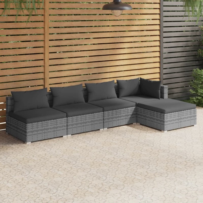 5 pcs conjunto lounge de jardim c/ almofadões vime PE cinzento-Conjuntos de jardim-Home Retail