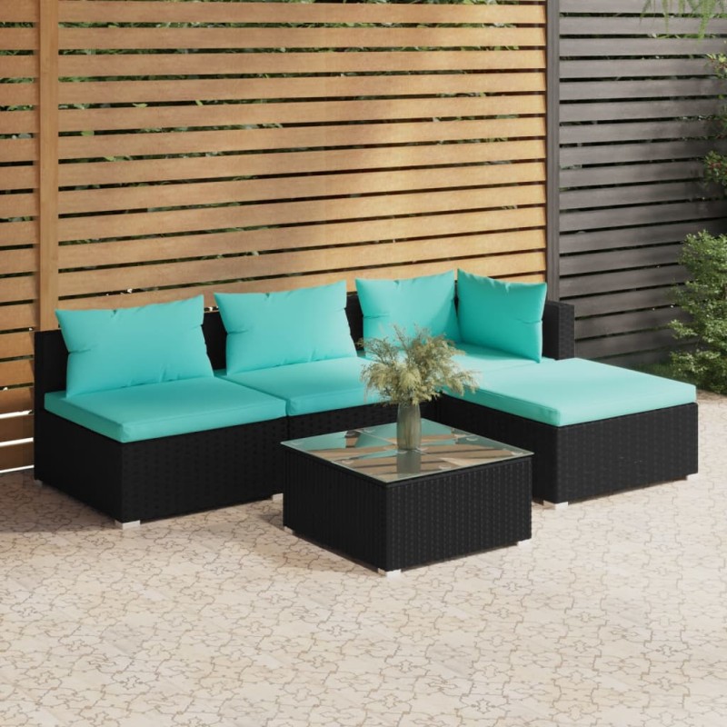 5 pcs conjunto lounge de jardim c/ almofadões vime PE preto-Conjuntos de jardim-Home Retail