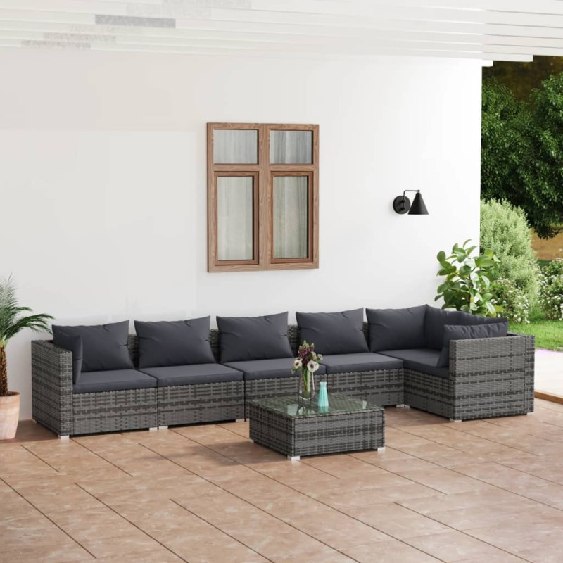 7 pcs conjunto lounge de jardim c/ almofadões vime PE cinzento-Conjuntos de jardim-Home Retail