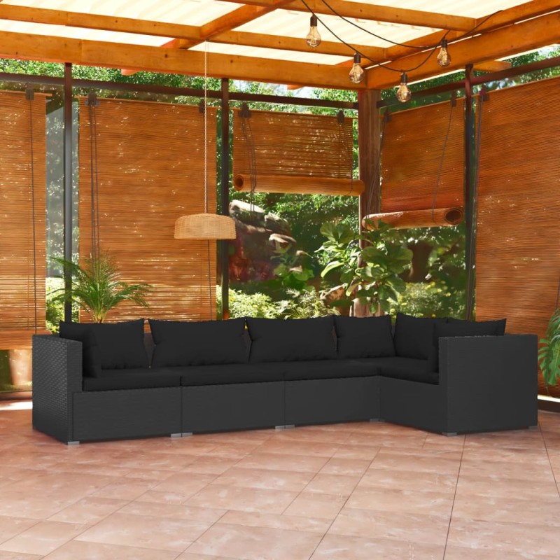 5 pcs conjunto lounge de jardim c/ almofadões vime PE preto-Conjuntos de jardim-Home Retail