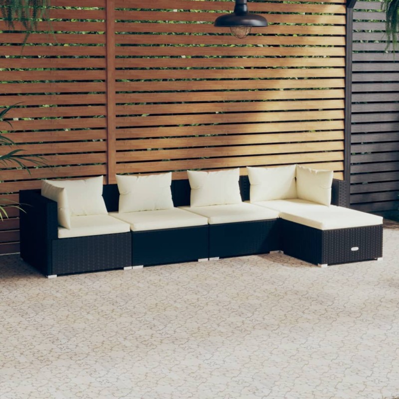 5 pcs conjunto lounge de jardim c/ almofadões vime PE preto-Conjuntos de jardim-Home Retail