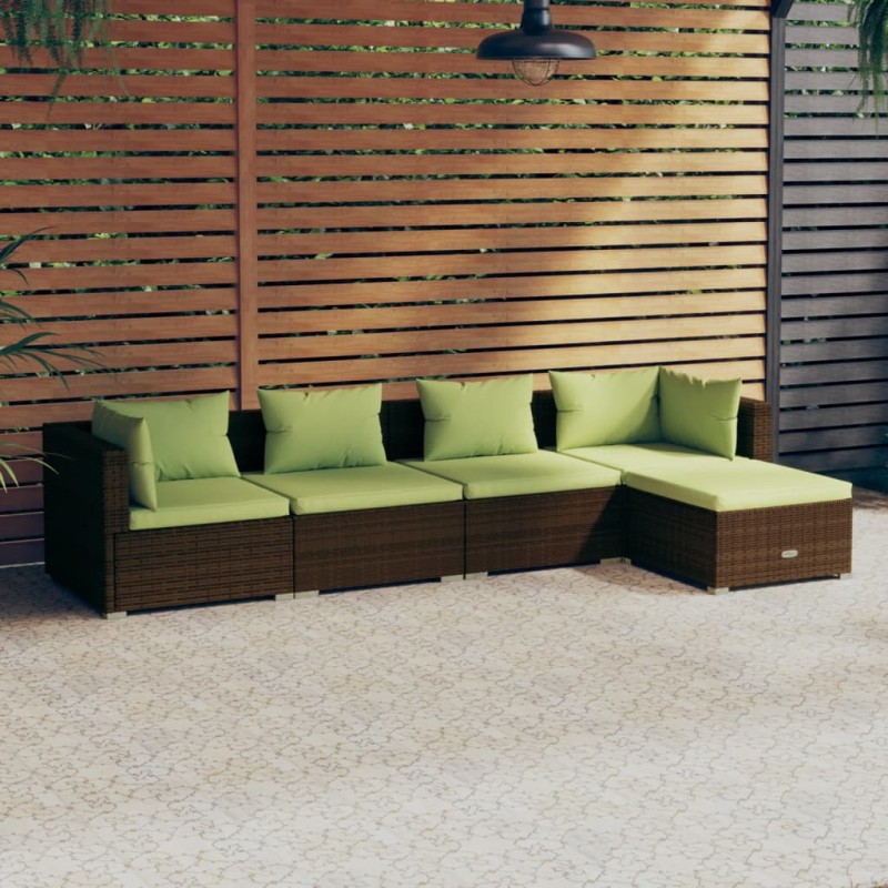 5 pcs conjunto lounge jardim c/ almofadões vime PE castanho-Conjuntos de jardim-Home Retail