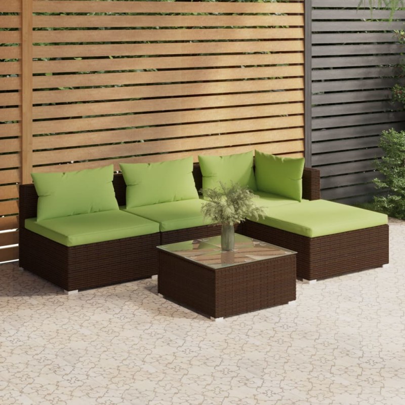 5 pcs conjunto lounge jardim c/ almofadões vime PE castanho-Conjuntos de jardim-Home Retail