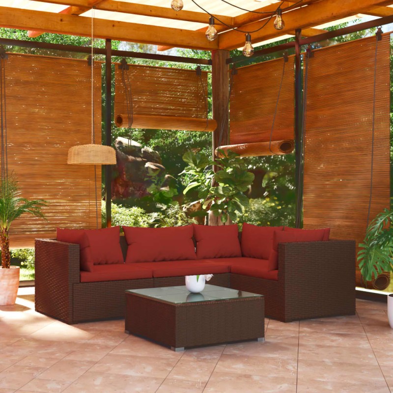 5 pcs conjunto lounge jardim c/ almofadões vime PE castanho-Conjuntos de jardim-Home Retail