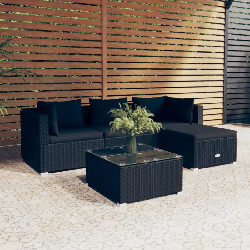 5 pcs conjunto lounge de jardim c/ almofadões vime PE preto-Conjuntos de jardim-Home Retail