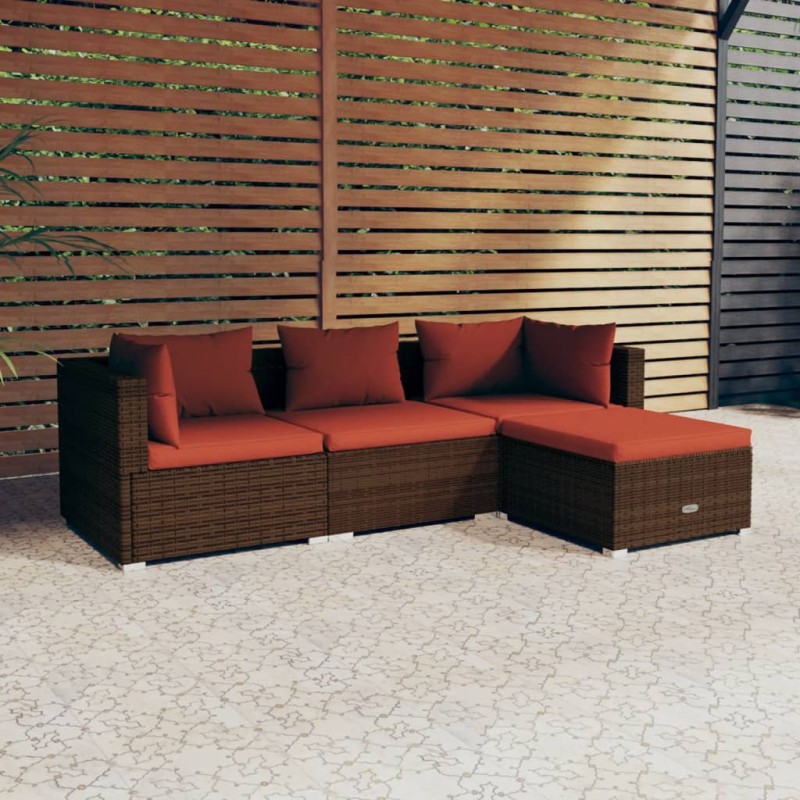 4 pcs conjunto lounge jardim c/ almofadões vime PE castanho-Conjuntos de jardim-Home Retail