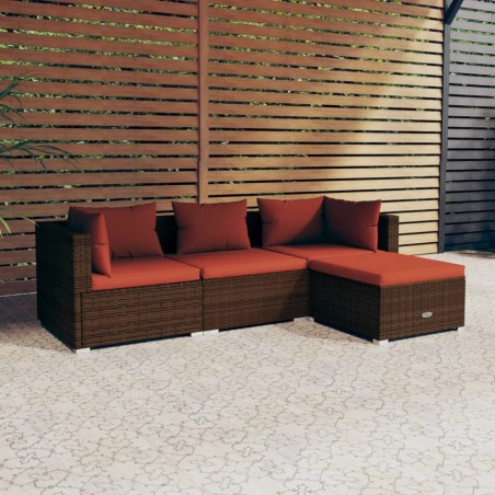 4 pcs conjunto lounge jardim c/ almofadões vime PE castanho