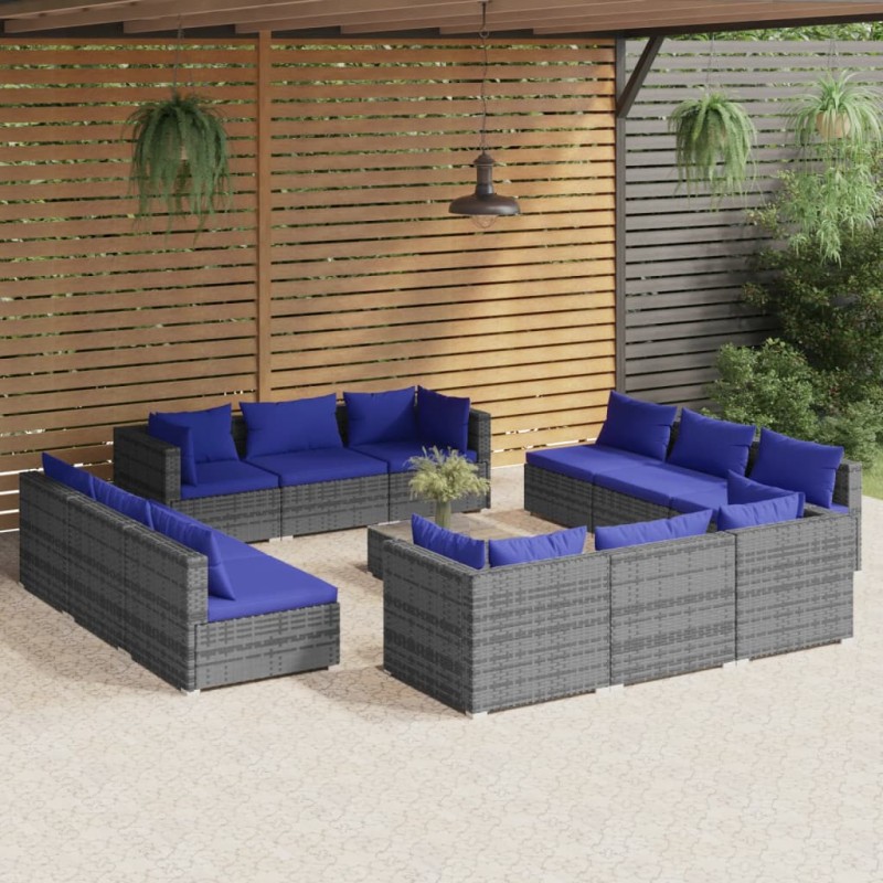 13 pcs conjunto lounge de jardim c/ almofadões vime PE cinzento-Conjuntos de jardim-Home Retail