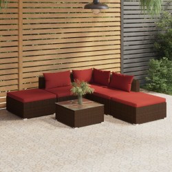 6 pcs conjunto lounge jardim c/ almofadões vime PE castanho