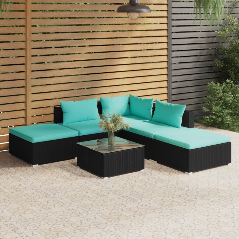 6 pcs conjunto lounge de jardim c/ almofadões vime PE preto-Conjuntos de jardim-Home Retail