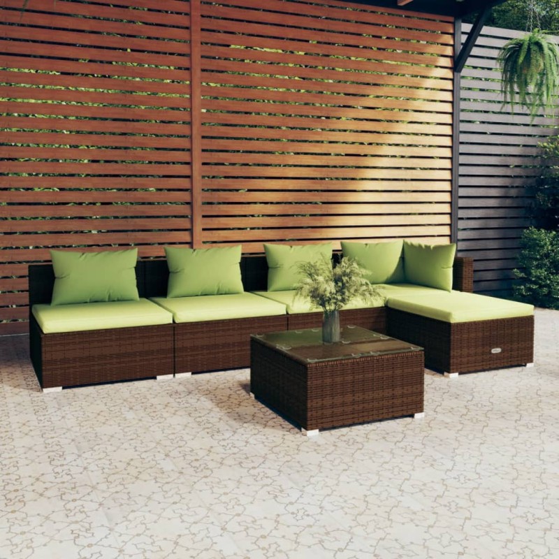 6 pcs conjunto lounge jardim c/ almofadões vime PE castanho-Conjuntos de jardim-Home Retail