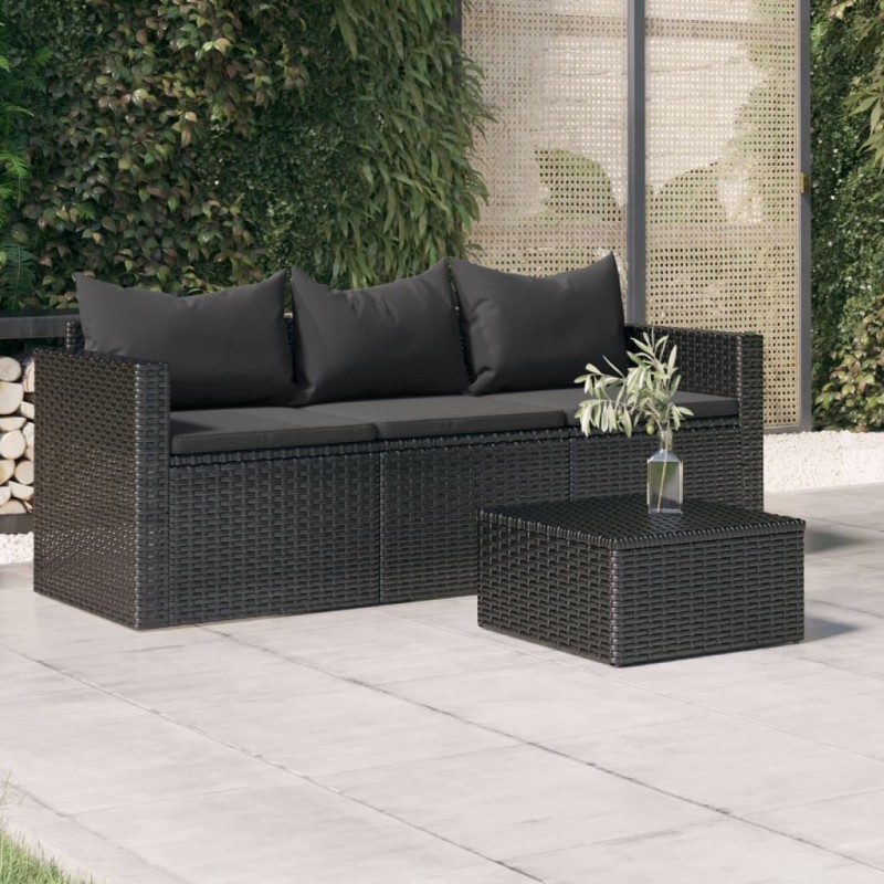 Sofá de jardim 3 lugares com almofadões vime PE preto-Sofás para exterior-Home Retail