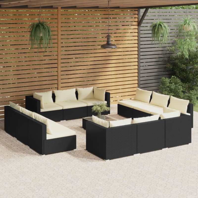 13 pcs conjunto lounge de jardim c/ almofadões vime PE preto-Conjuntos de jardim-Home Retail