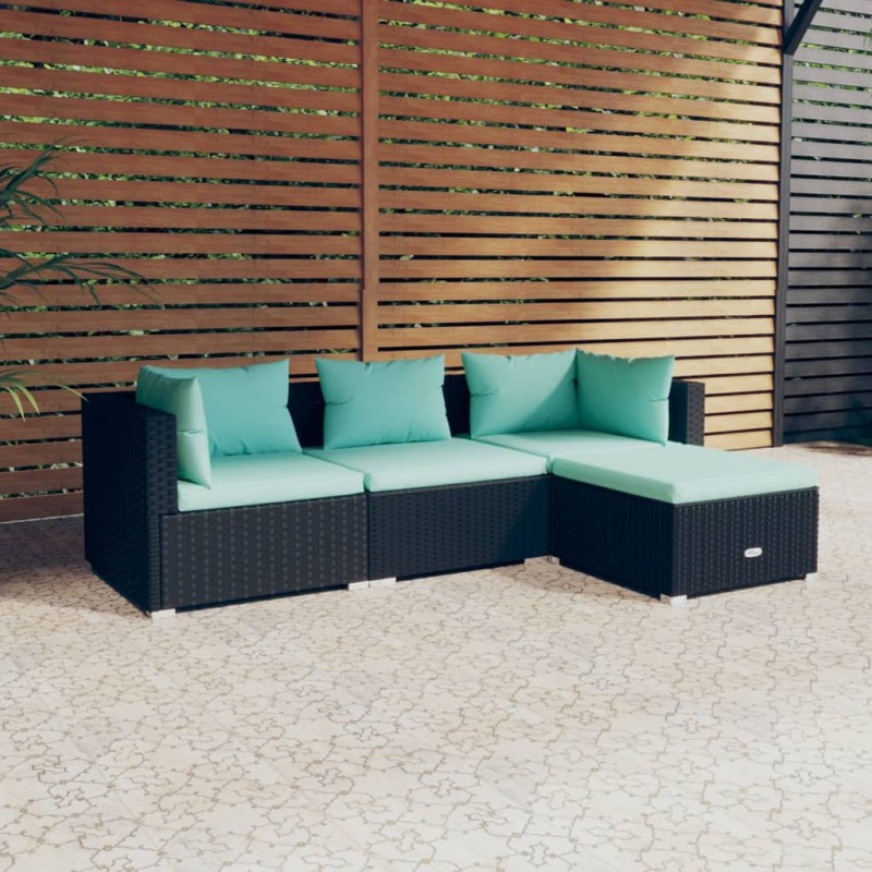 4 pcs conjunto lounge de jardim c/ almofadões vime PE preto-Conjuntos de jardim-Home Retail