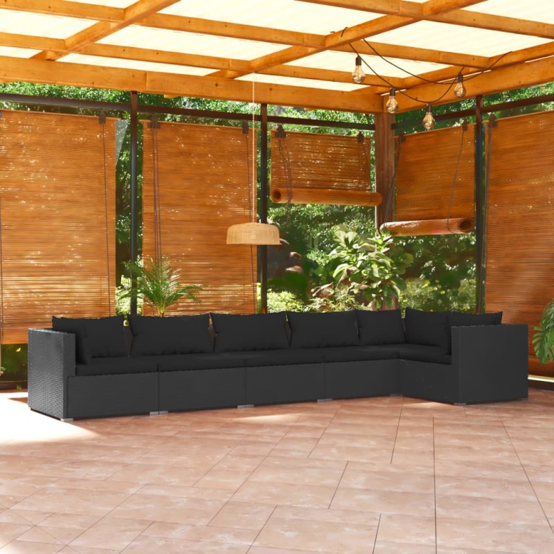 6 pcs conjunto lounge de jardim c/ almofadões vime PE preto-Conjuntos de jardim-Home Retail